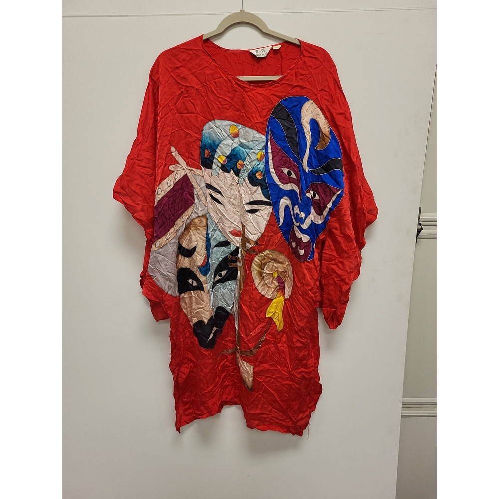 Yuan Si Chi Silk Tunic Top‎ Asian Opera Masks Red Vintage Blouse Shirt Apparel